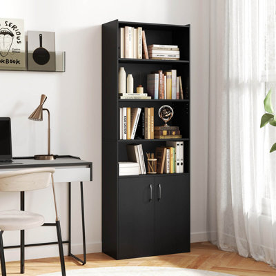 70" Bookcase with Adjustable Shelves 2-Door Cabinet Multipurpose Display Rack Black