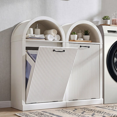 Modern Tilt Out Arched Laundry Basket Cabinet Set of 2 with Open Shelf, Fluted 20-Gallon Bathroom Laundry Storage Basket (Includes 2pc laundry basket)