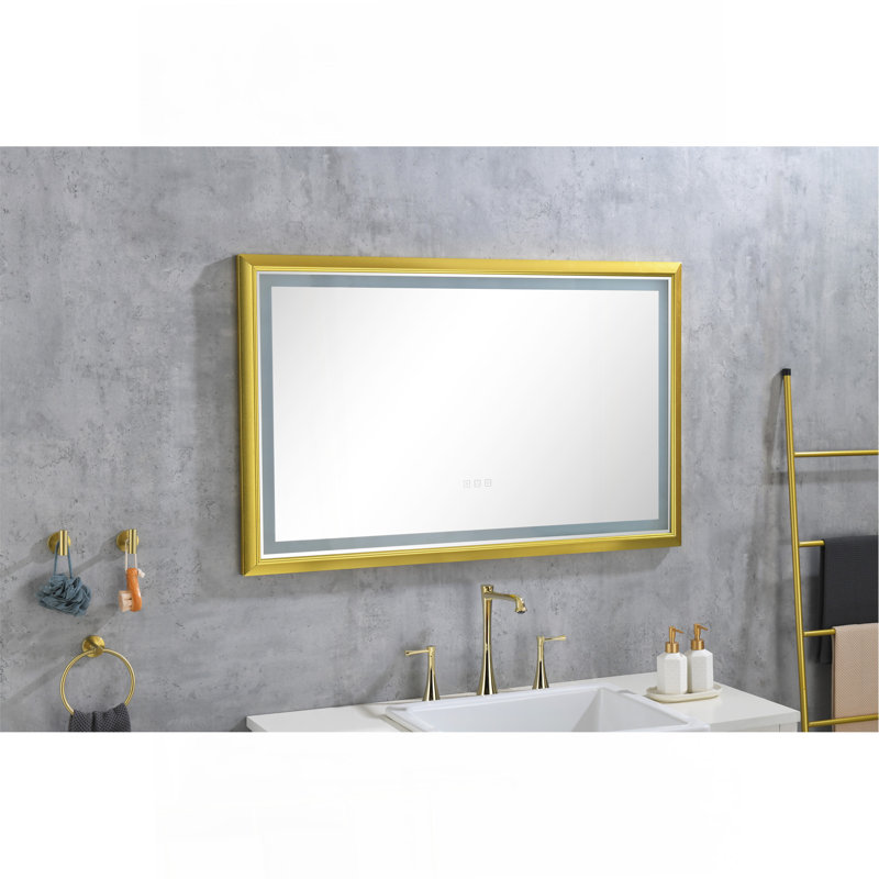 Miroir de salle de bain mural à cadre rectangulaire avec éclairage à DEL anti-buée, 24 po x 42 po, Doré