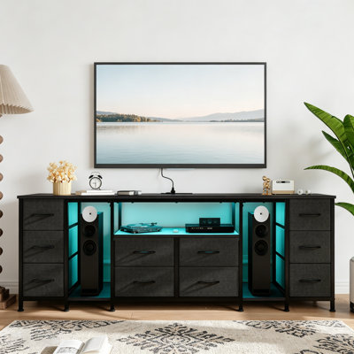 10 Drawer TV Stand Dresser with Power Outlets, Fabric Media Console for 75 Inch TV with Open Shelves for Living Room, Bedroom, Office, Black