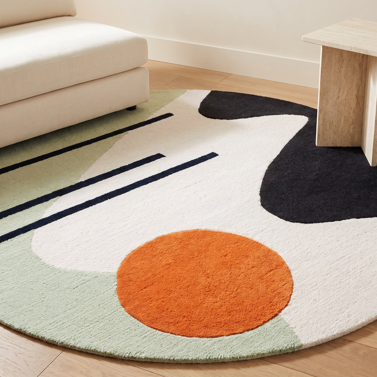 Felipe Green Black Hand-Tufted Wool Abstract Rug, Round 6'