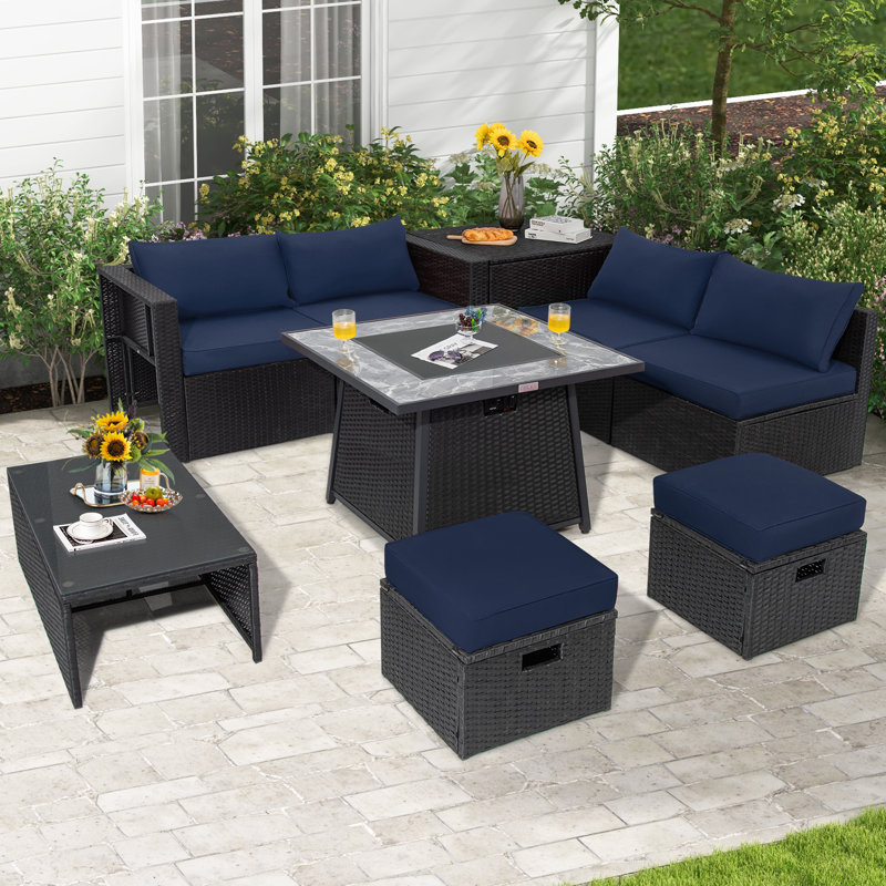 Ensemble de conversation d'extérieur pour 6 personnes avec coussins Saabir, Noir, Bleu marine