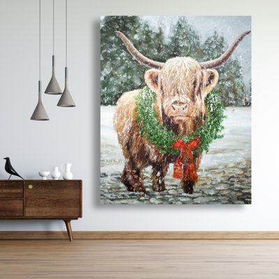 Vache Highland Christmas | Décoration blanche sur toile White Trees
