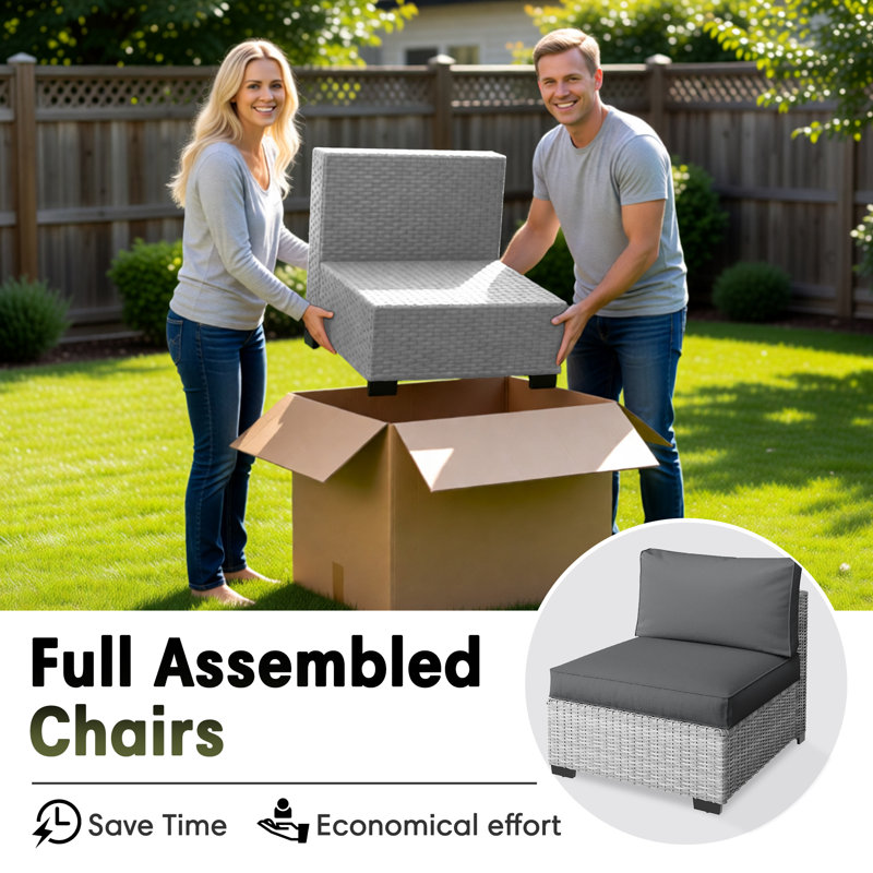 No-Assembly Chairs, 2-Person Patio Furniture Set Durable Wicker Outdoor Sectional Seating Group Outdoor Conversation Sofa With Fire Pit（Included Blue Cushion Covers）