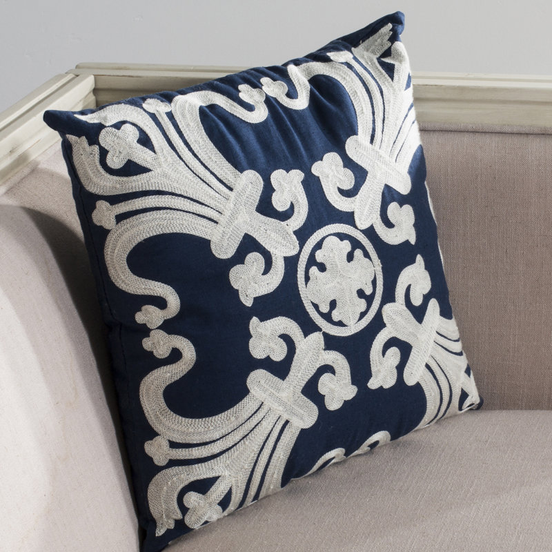 Embroidered Cotton Reversible Throw Pillow, Square 18", Navy/Blue