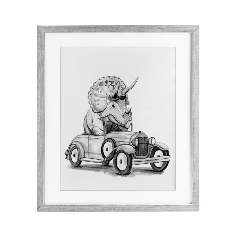 Tricératops dans un véhicule rétro, impression encadrée sous verre, design par Rachel Nieman, H 21 po x l 17 po