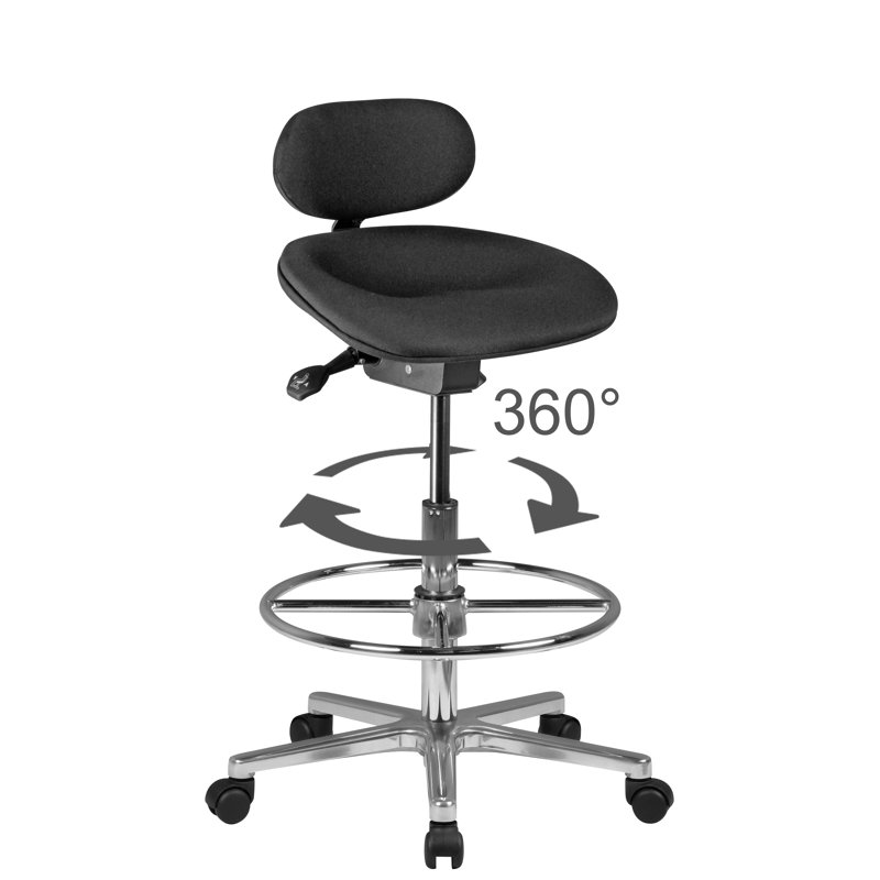 Backed Adjustable Height Ergonomic Office Stool with Footring and Wheels