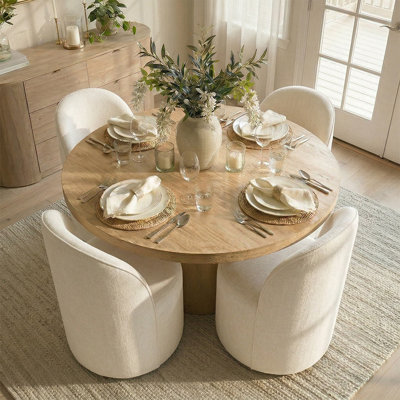 Ensemble de table de salle à manger pour 4 personnes avec table ronde en bois massif et 4 chaises rembourrées en chenille