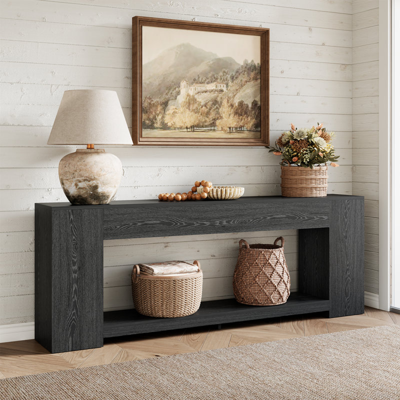 86-Inch Extra Long Sofa Console Table, 2-Tier Entryway Tables With Storage, Natural Oak Brown, Black