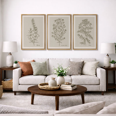 Minimal Botanical "Duotone Beige Green Classic Artwork, Simple Neutral Botanical Wall Pictures, Large Framed Canvas Giclee Print 3 Pieces Wall Art Set"  16"x24"x3 pcs, 24"x36"x3 pcs