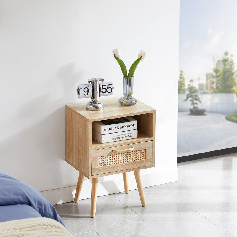 Table de bout en rotin 15,75 "avec tiroir et pieds en bois massif, table de chevet moderne, table d'appoint pour salon, chambre à coucher, naturel