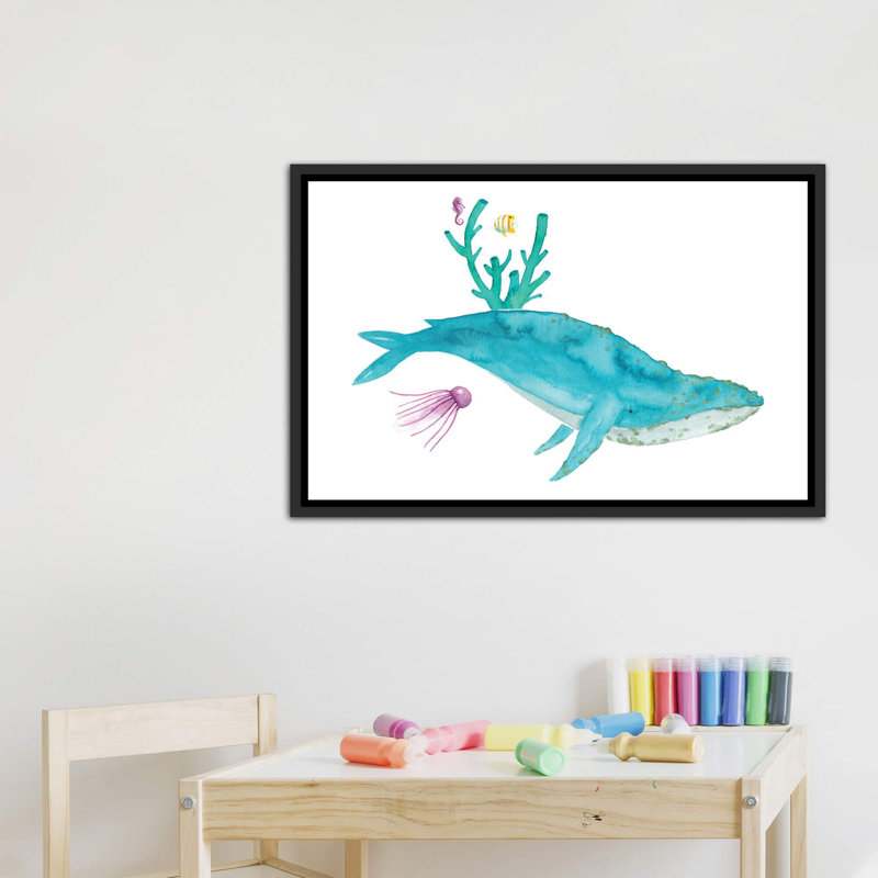 Baleine à bosse - Imprimé, Pas de tapis, H 26 po x l 40 po x 1,5 po, Toile avec cadre noir patiné