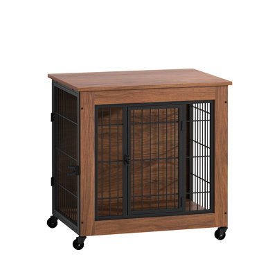 27.2" Dog Crate Furniture With Wheels For Small Dogs, Heavy Duty Double - Doors Metal Kennel Indoor, Wooden Pet Cage End Table, Easy To Clean And Safe Steel Material Dogs Wheels, Anxiety Assemble