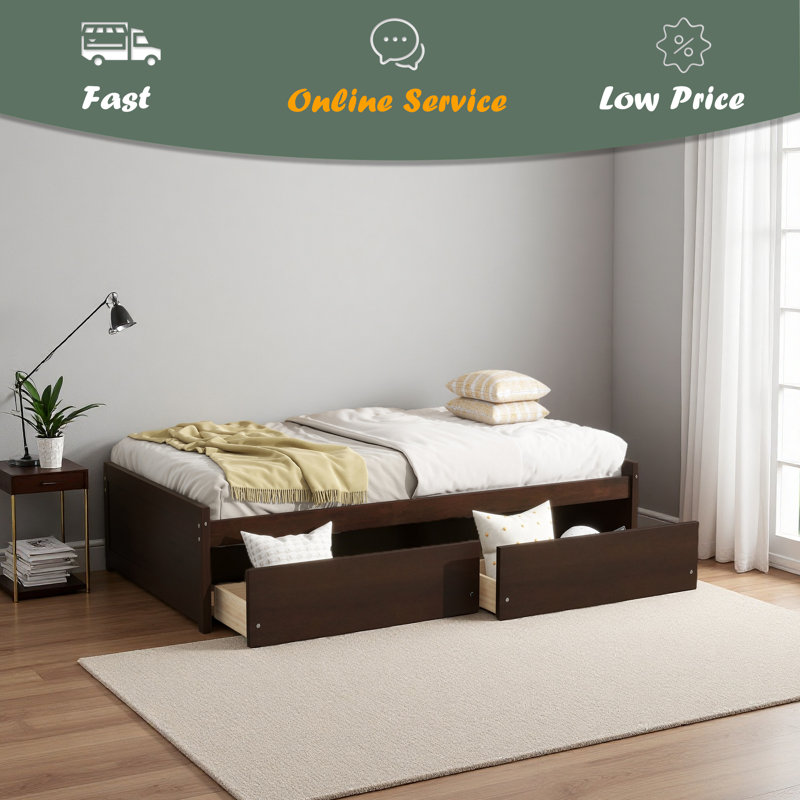 Lit simple avec 2 tiroirs, lit en bois d'hévéa massif, Espresso