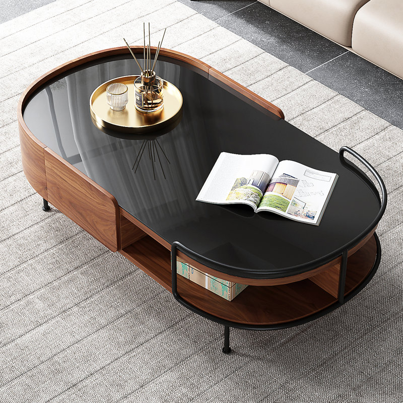 Extendable Pedestal Coffee Table with Storage, Black/Brown