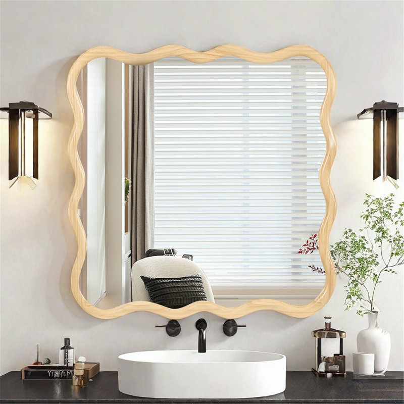 Miroir ondulé en bois massif, Noir, noir, noir, noir, 35,8 po x 35,8 po, Carrée