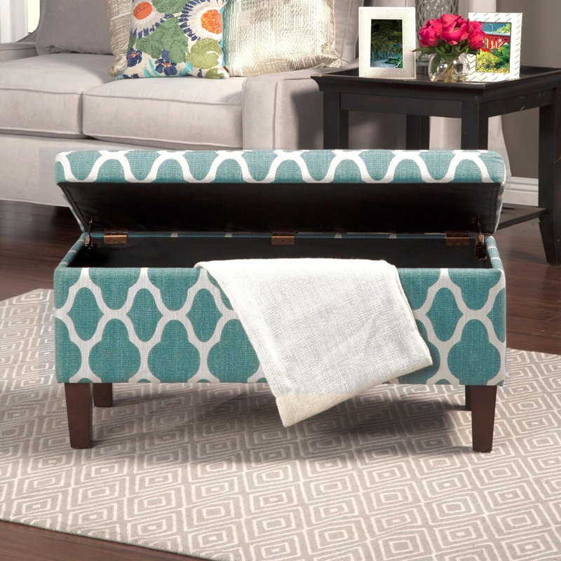 Banc de rangement en tissu texturé Genoveva, Géométrique sarcelle, Noyer foncé