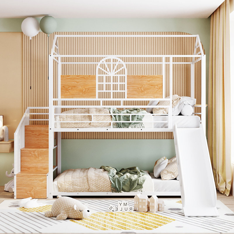Allegonde Kids Twin Over Twin Bunk Bed, White/Natral