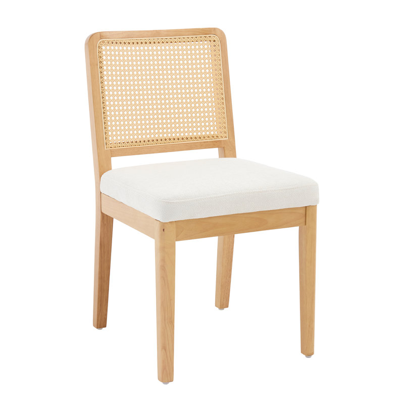 Upholstered Seat Dining Chair With Rattan Back, Farmhouse Side Chair For Kitchen/Dining Room, White Chenille, Natural