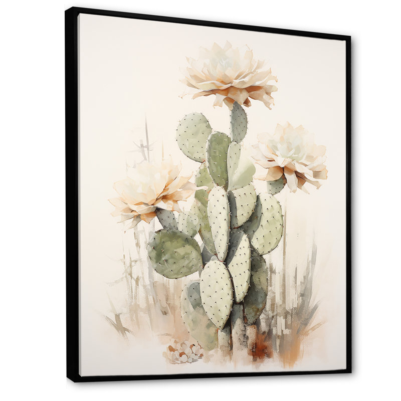 Cactus minimaliste beige et vert I sur toile, Cadre flottant noir, H 20 po x l 12 po x P 1 po