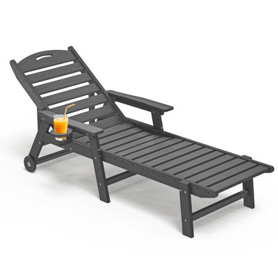HDPE Outdoor Chaise Lounge Chair – 5-Position Adjustable Recliner with Wheels & Cup Holder, All-Weather Patio Lounger for Poolside, Garden, Beach