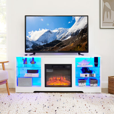 Electric Fireplace Tv Stand With 4 Cable Management Holes - 58"W X 15.5"D 24.4"H White Finish 58''W Fireplace, Realistic Flame, White, Up To 62"