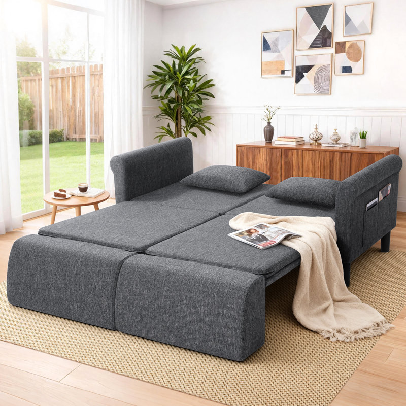 Canapé-lit convertible W-6-en-1 Zhania, H 31,29 po x l 75,39 po x P 32,88 po - bras rond, Gris foncé
