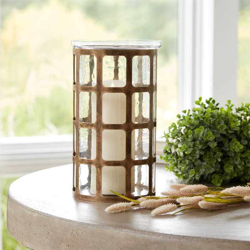 Wavy Glass Candle Holder with Distressed Metal Frame, 12.25" H x 7.50" W x 7.50" D