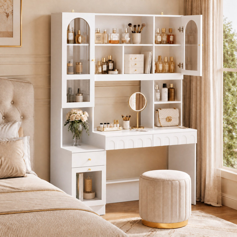 Armoire moderne avec coiffeuse et rangement solide, Blanc