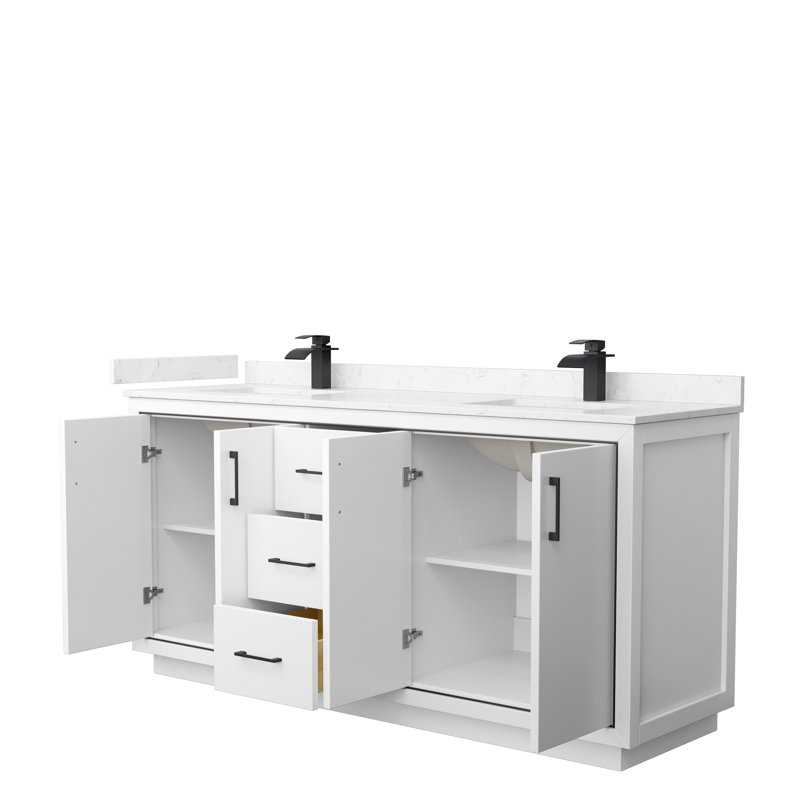 Icon 72" Double Bathroom Vanity Set, Carrara, Matte Black, White