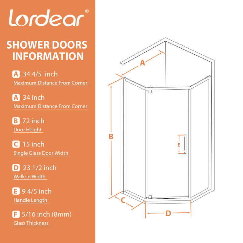 34~34 4/5 Inch Neo-Angle Frameless Pivot Shower Door Dimension Blueprint