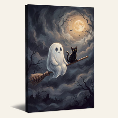 Tableau sur toile d'Halloween représentant un fantôme et un chat noir sur un balai avec la pleine lune