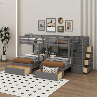 Lit superposé double au-dessus de simple et double en bois, avec rangement intégré et rails de protection