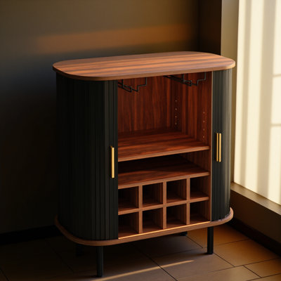 28" Fluted Wine Bar Cabinet with 8-Grid Wine Rack, 5-Level Adjustable Shelves, 2 Glass Holders, Smoothly Sliding Tambour Doors, 4 Hidden Storage Space on the Side, Modern Liquor Coffee Station, Black