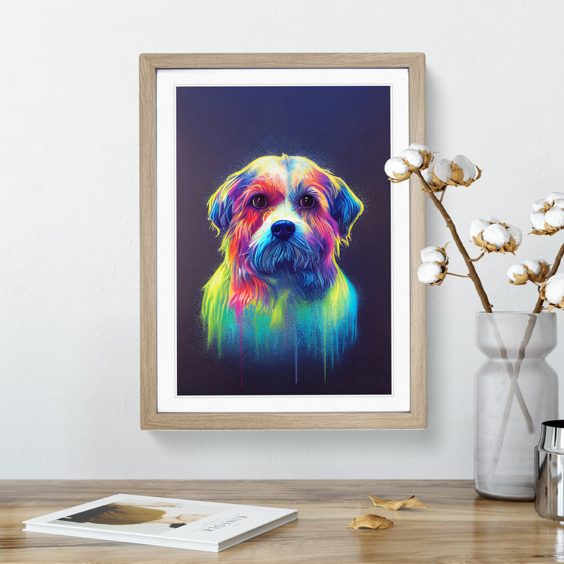 Neon Dog No.5 1 Piece Single Picture Frame Painting, 34cm H x 25cm W x 2cm D, Oak Framed