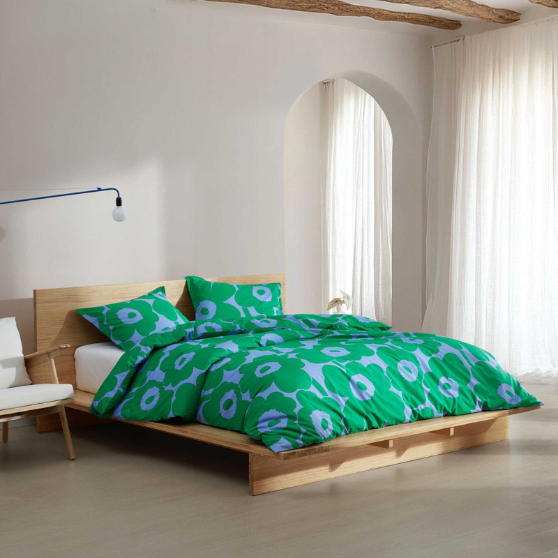 Ensemble d'édredon en coton Marimekko Unikko, Édredon pour très grand lit + 2 taies décorativ, Vert