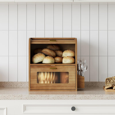 Boîte à pain à roulettes pour le comptoir de la cuisine, garde la fraîcheur plus longtemps, facile à entretenir, boîte à pain en bois rétro à double couche avec fenêtre pour le pain fait maison, pains de sandwich, produits de boulangerie