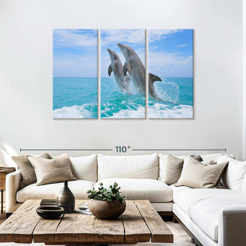 Bramph dauphins jouant en mer, H 48 po x l 74 po