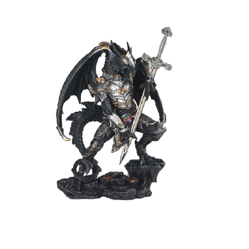 Dragon with Armour and Sword Figurine, Black/Silver, 12" H x 6" W x 4" D