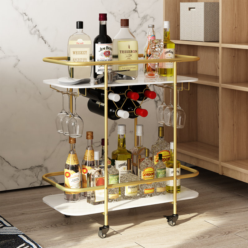 Ahmarria 2-Tier Bar Cart on Wheels with Wine Rack and Glass Holder, Drink Trolley for Home, Party, Gold