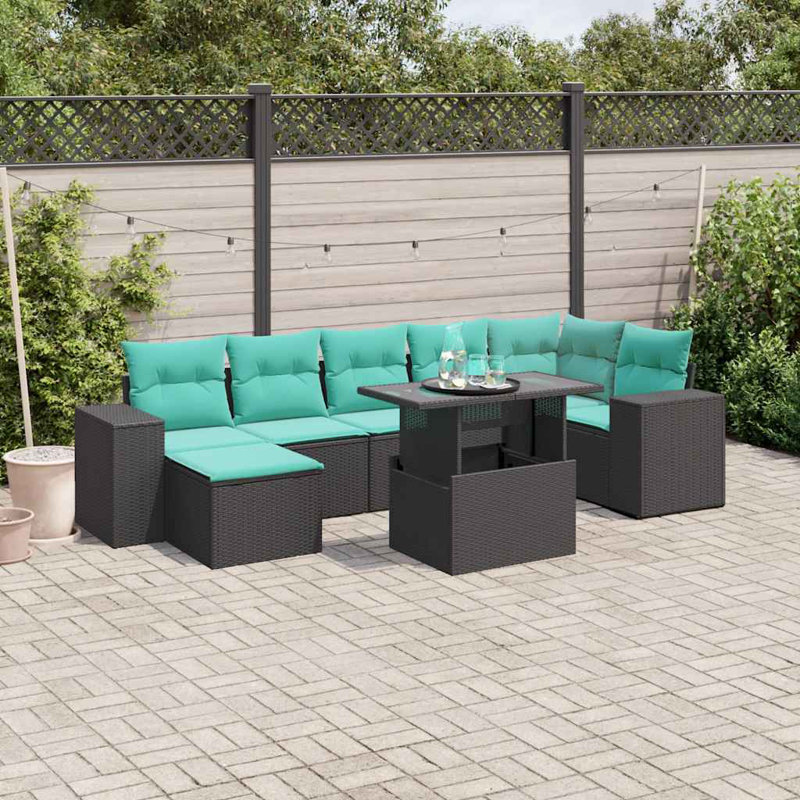 Ensemble de canapé de patio 8 pièces avec coussins en rotin de polyester, Bleu clair, Noir