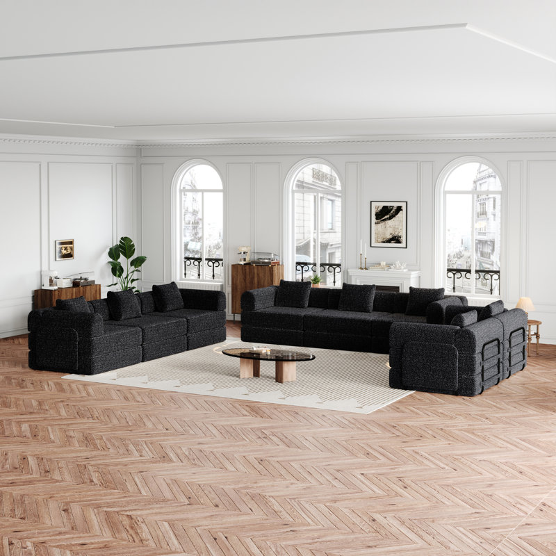 Canapé convertible 8 places, canapé rembourré avec poches de rangement latérales pour le salon, Noir
