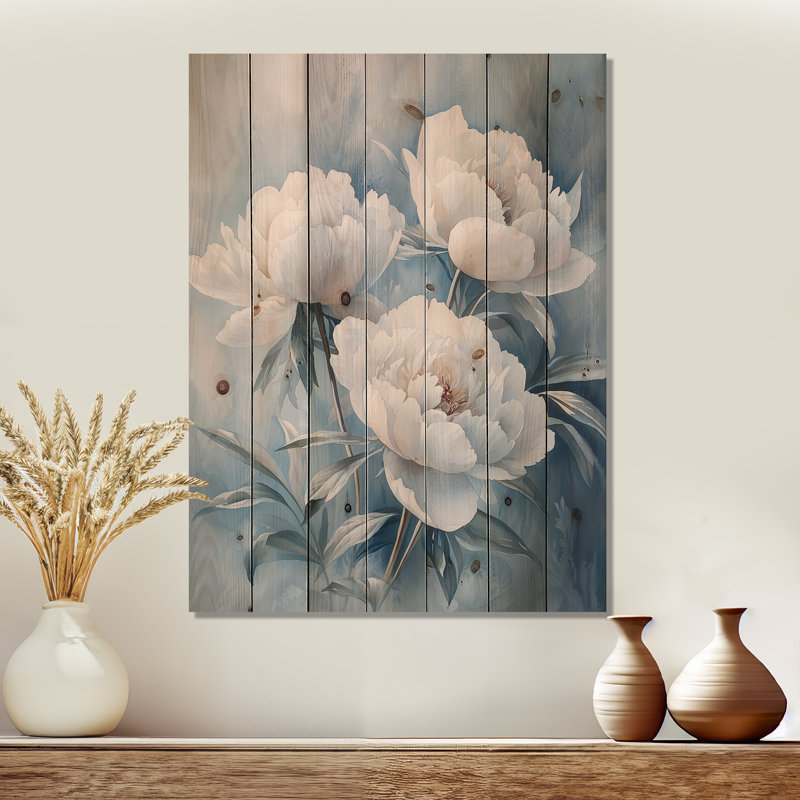 Frost Kissed Peonies III - Peonies Wood Wall Decor - On Natural Pine Wood, 44" H x 34" W x 0.78" D