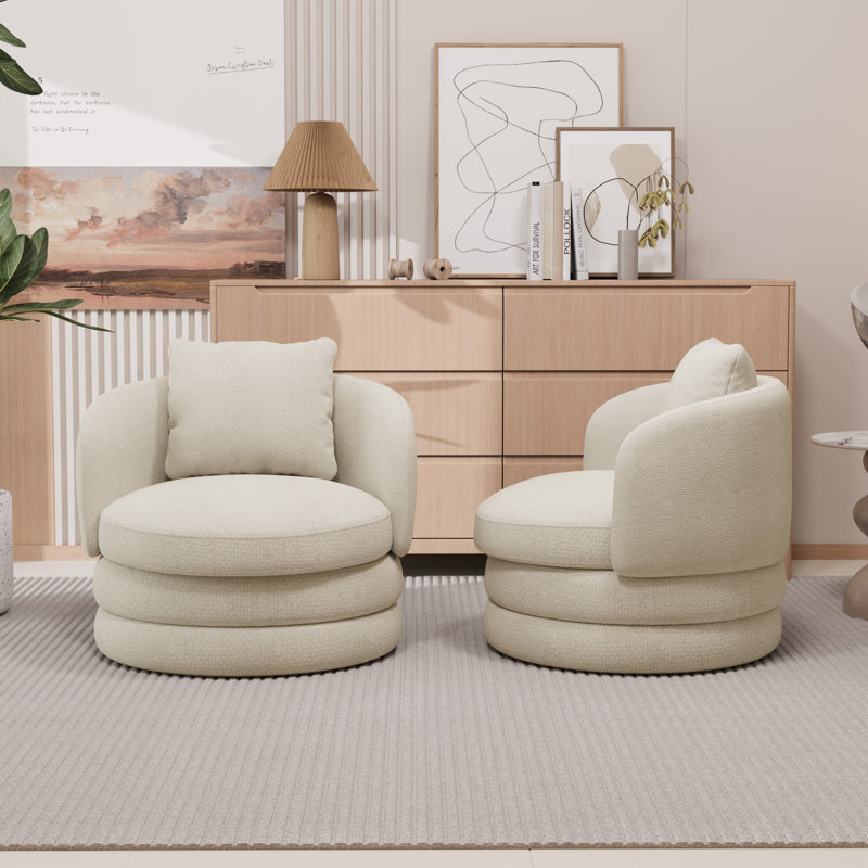 Wide Modern Upholstered Soft Swivel Barrel Chair Accent Chair(Set Of 2), Beige