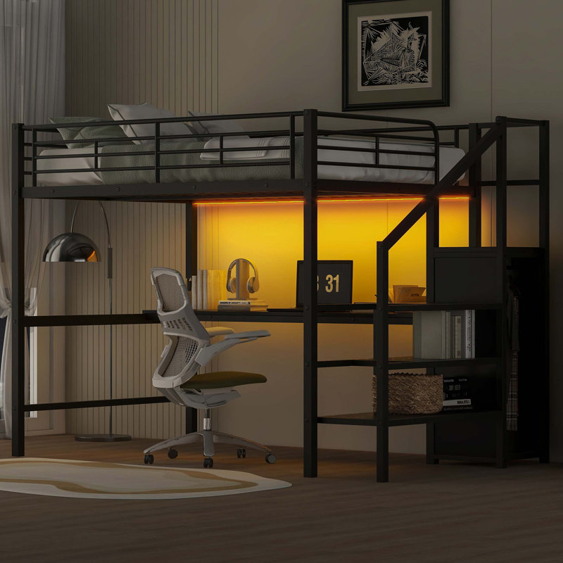 Lit mezzanine double en métal avec bureau, escalier de rangement, garde-robe intégrée et éclairage DEL réglable