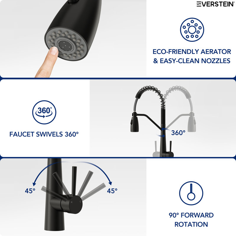  Commercial Dual-Function Pull Down Kitchen Faucet with High Arc Spring Spout, Matte Black