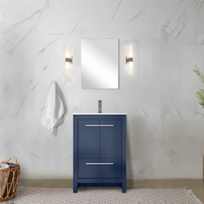 24 po L 20 po x P 20 po, meuble-lavabo simple bleu marine, comptoir en quartz blanc, robinet en métal 18 po et miroir résistant aux égratignures et résistance aux taches 24 po 18 po