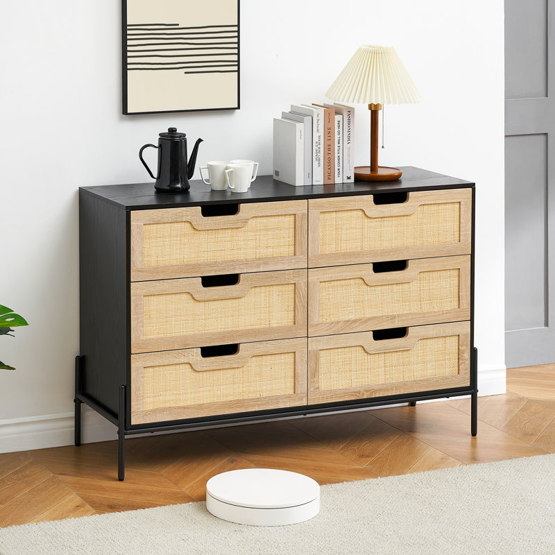 Commode en rotin, commode 6 tiroirs Farmhouse, commode moderne en bois avec pieds en métal, table d'entrée en rotin, grande commode double à 6 tiroirs pour la chambre à coucher