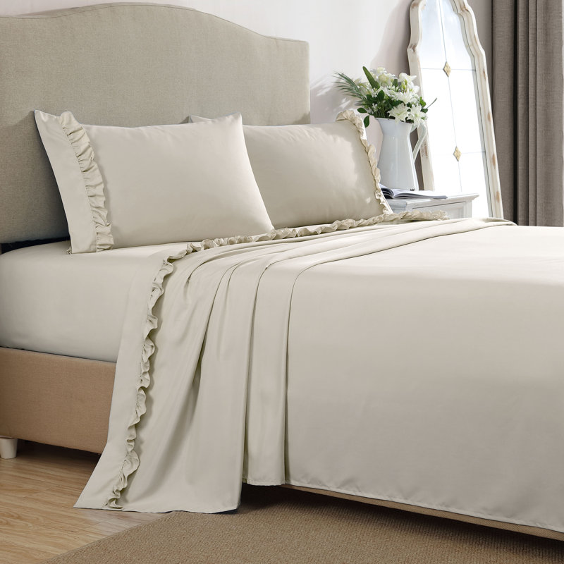 Ensemble de draps en microfibre à ourlet à volants ultra doux, Ensemble de draps pour lit simple + 1 taie d'oreil, Taupe