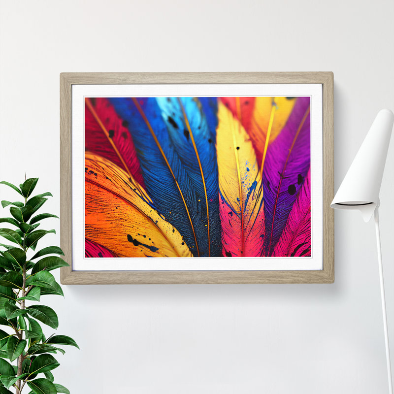 Bird Feather Splash - Single Picture Frame Painting, 25cm H x 34cm W x 2cm D, Oak Framed
